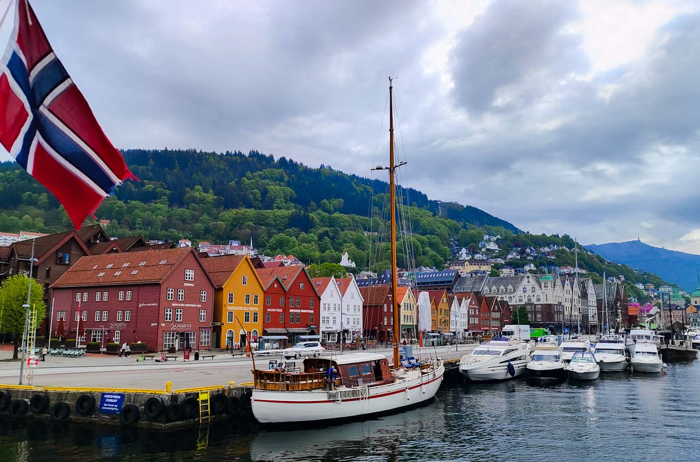 Vista del puerto de Bergen y las casas de colores de Bryggen, uno de los lugares imprescindibles que ver en Bergen